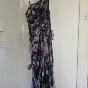Adrianna Papell One-Shoulder Floral Print Evening Gown in Navy, Pink, Gray